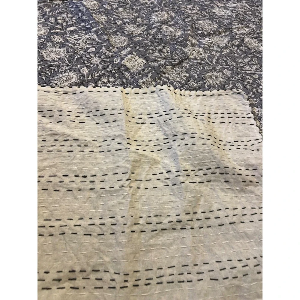 Floral Hand Block Print Handmade Kantha Quilt Indian BlueWhite New 60 x 90